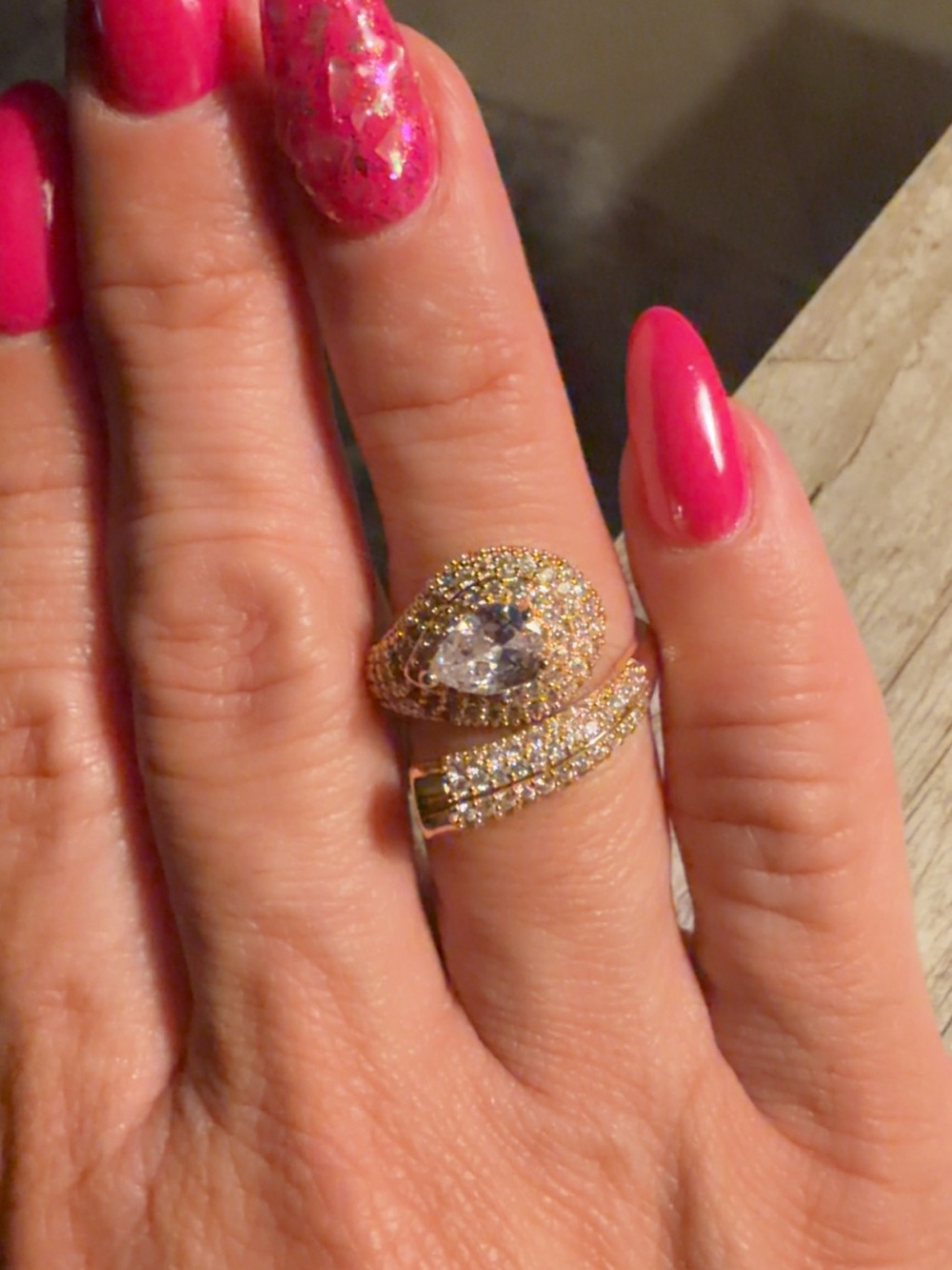 Gold Pavé Teardrop Wrap Ring with Clear Center Stone  - Size Adjustable